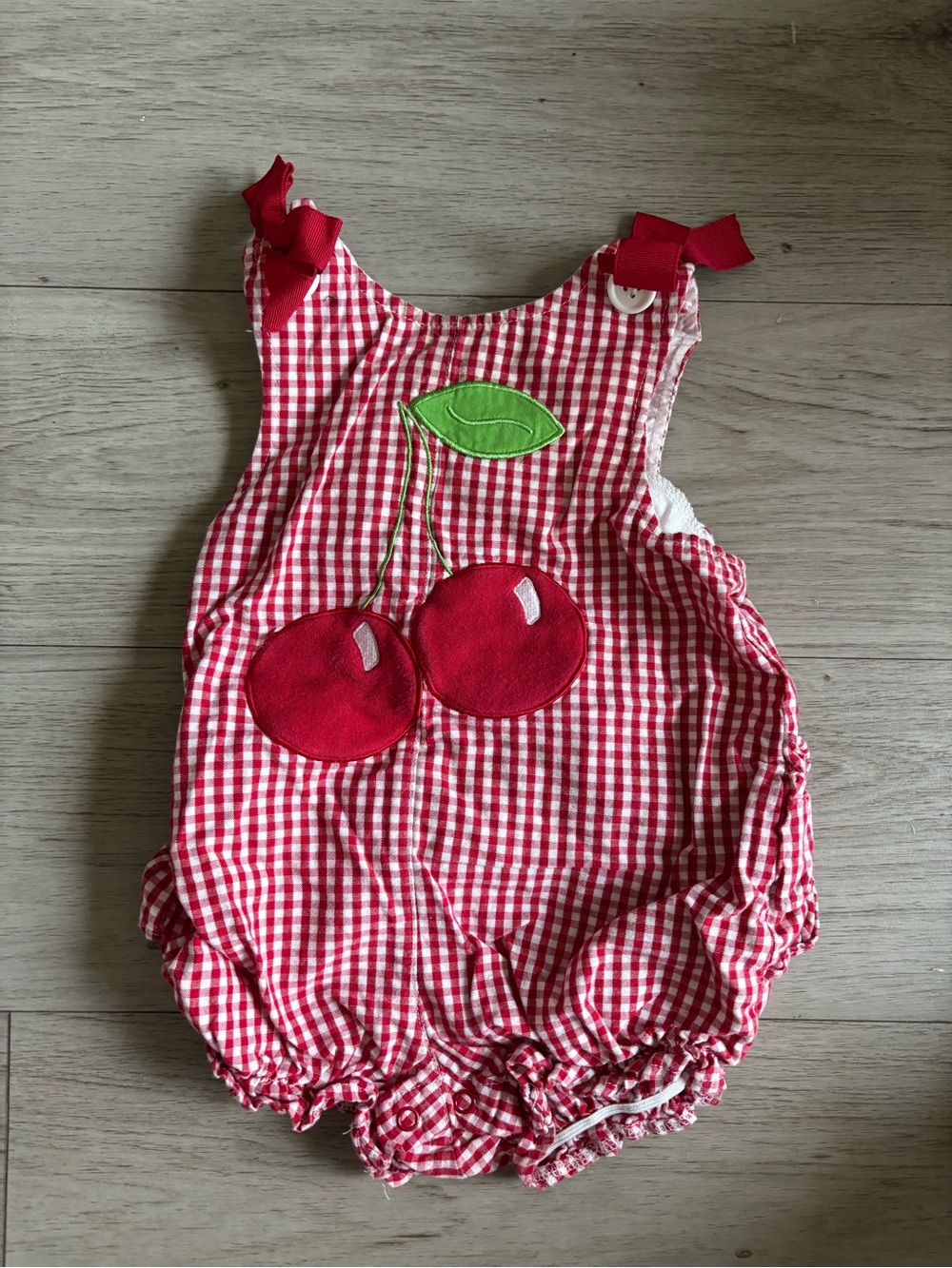 Vintage Red and White Gingham Baby Bubble Romper Cherry Appliqué Size 18 months
